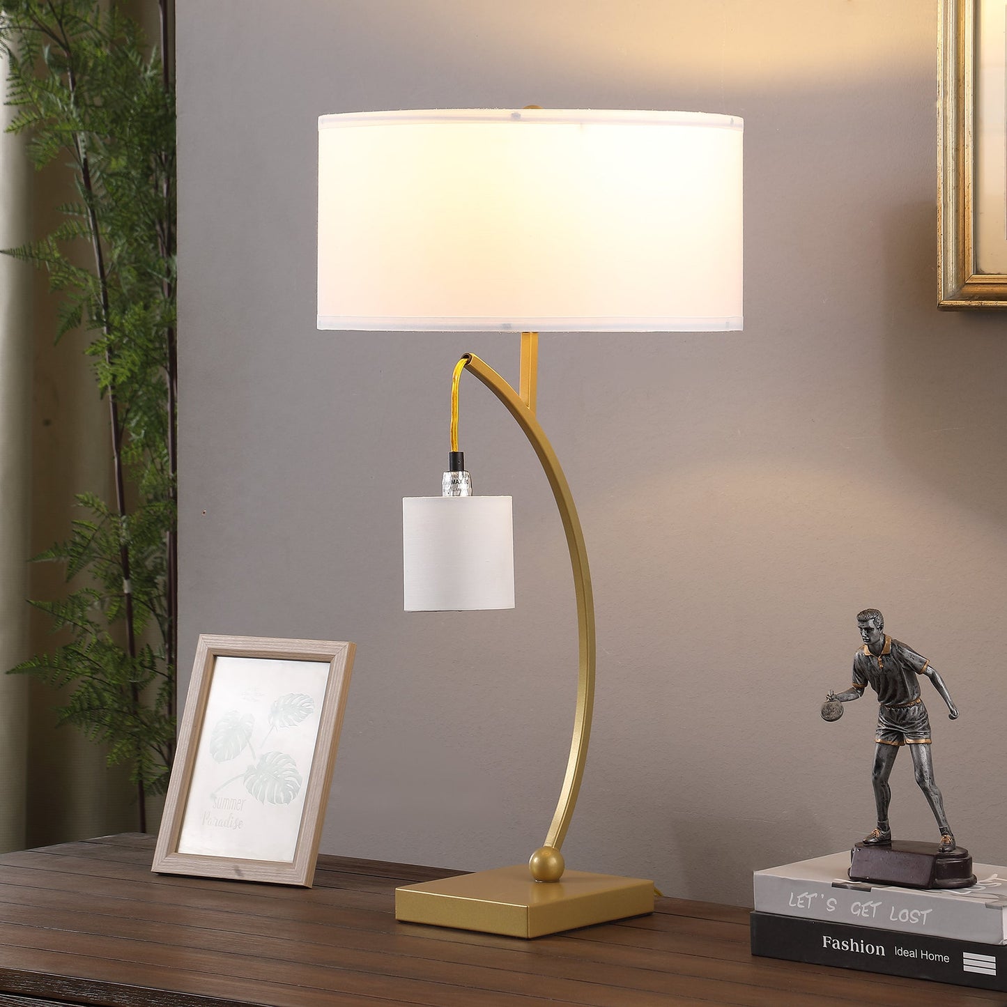 Dual Gold Arc W/ Hanging Pendelum Lamp Metal Table Lamp