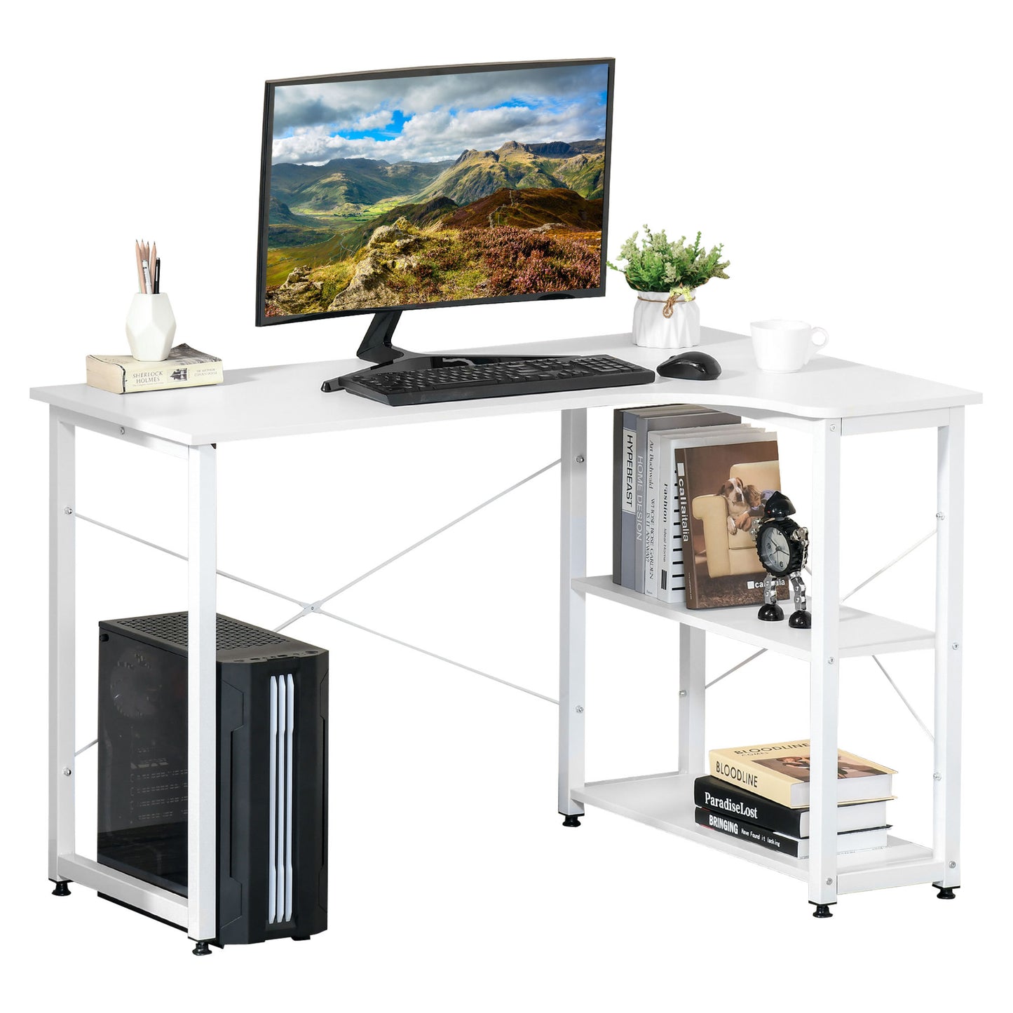 Salem Industrial L-Shaped Computer Desk with 2 Side Shelves and Steel Frame, Corner Desk,White