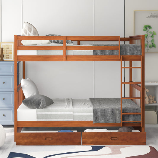 Full-Over-Full Bunk Bed with Ladders and Two Storage Drawers Walnut
