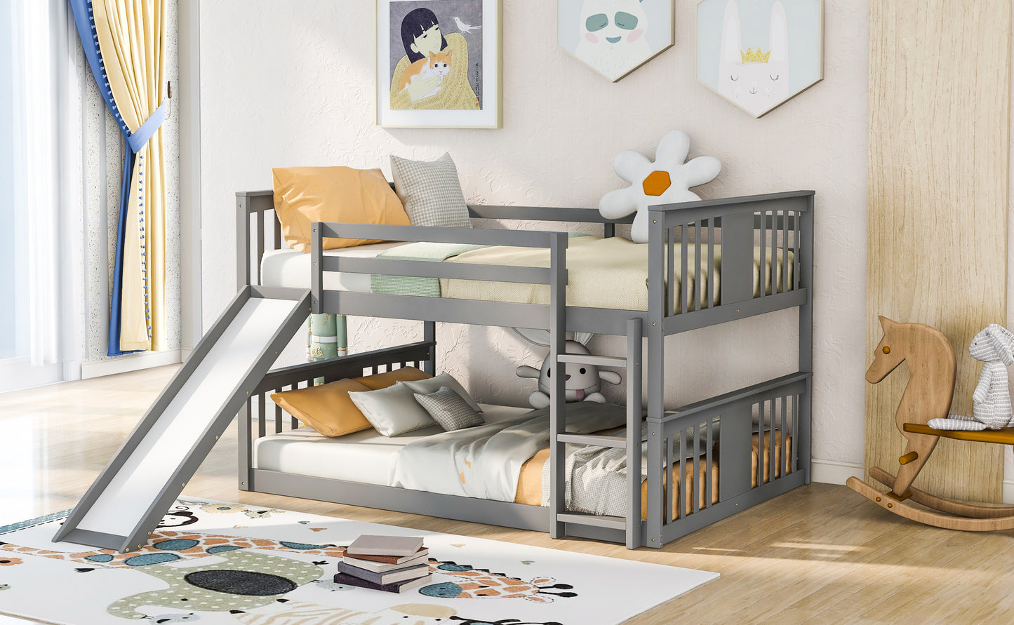 Full Over Full Bunk Bed with Ladder with Slide, Gray