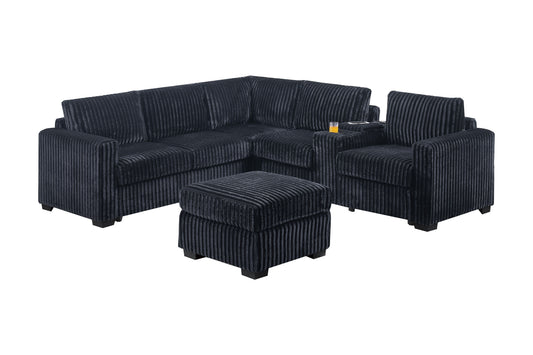 Contemporary Style L-Shaped 4pc Sectional Set USB Cup Holder Loveseat Cushion Back Plastic Legs Cocktail Ottoman Square Arms Black Finish Primary Living - detail view 2