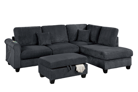 Contemporary Style 3pc Sectional Set Right Arm Chaise Left Arm Sofa w/ USB Port Storage Ottoman Throw Pillow Wooden Legs Black Finish - detail view 2