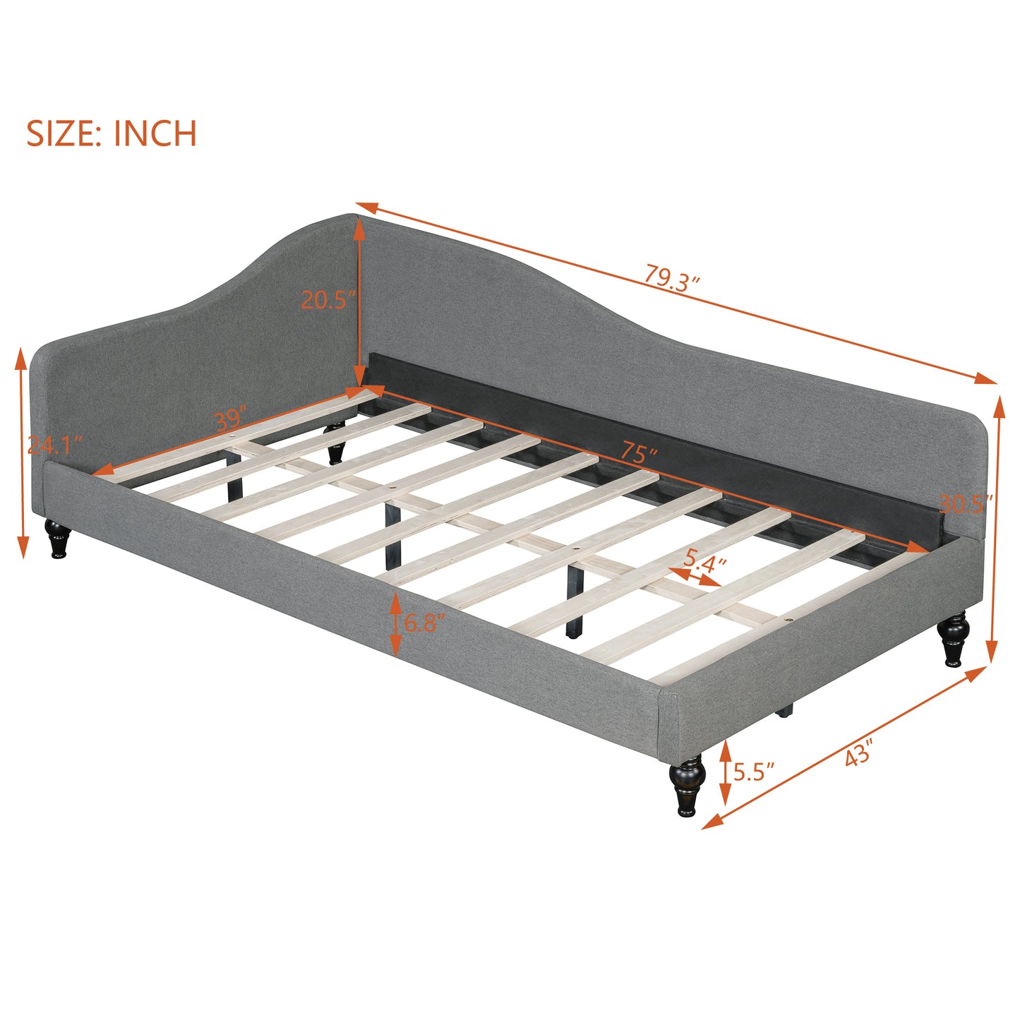 Thorne Twin Size L-Shaped Linen Daybed, with Solid Wood Legs, Gray