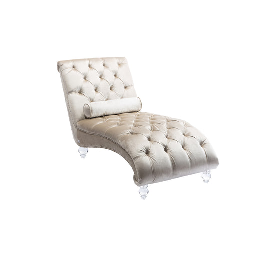 Beige Velvet Tufted Chaise Lounge with Wood Legs - primary color shot