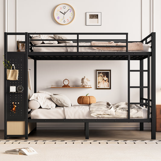 Full over Full Size Metal Bunk Bed for Teens with Storage Shelves - Black - detail view 2