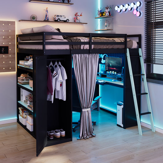 Full Size Wood Loft Bed with - Black+blue - detail view 2