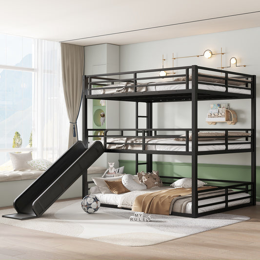 Queen over Queen over Queen Bunk Bed with Slide - Black - detail view 2