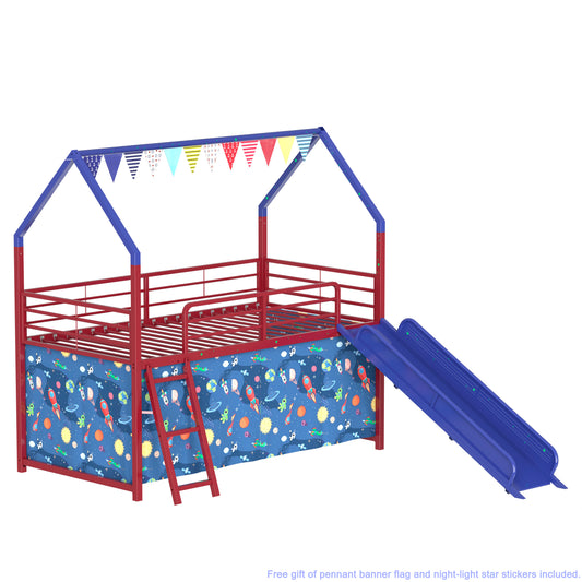 Jack Metal Junior House Twin Loft Bed with Slide and Curtain Set - Blue+red - primary color shot