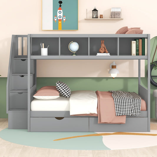 Twin over Full Bunk Bed with Shelfs - Gray - detail view 2