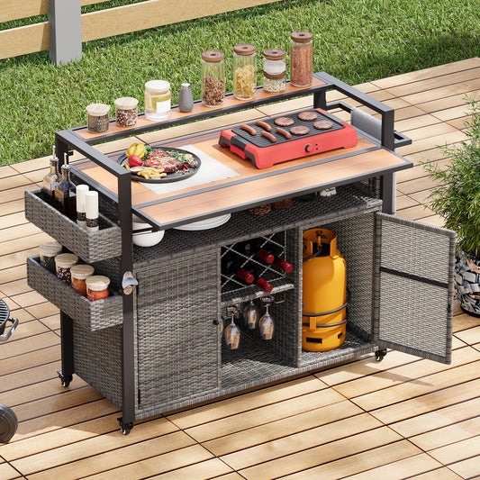 K&k 52.8'w Wicker Outdoor Grill Cart with Extended Plastic Wood Table Top - Grey - detail view 2