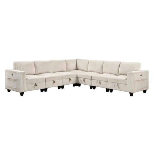 7-Piece Modular Sectional with Storage Seats, Side Pockets, Charging Ports Beige Corduroy Fabric Modern Living Room Sectional Couch Solid Wood Furniture - primary color shot