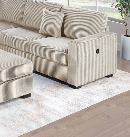 Living Room Corduroy Upholstered Camel 4pc Sectional Set RAF/LAF One-Arm Loveseat W/USB, Corner Wedge, Cocktail Ottoman Cushion Couch - detail view 2