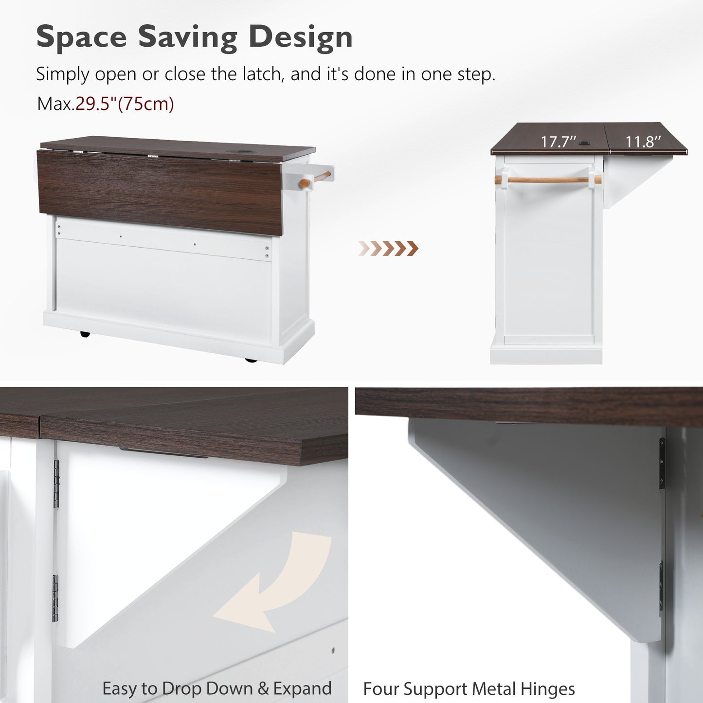 K&k 54.9' Kitchen Island with Drop Leaf - White - detail view 8