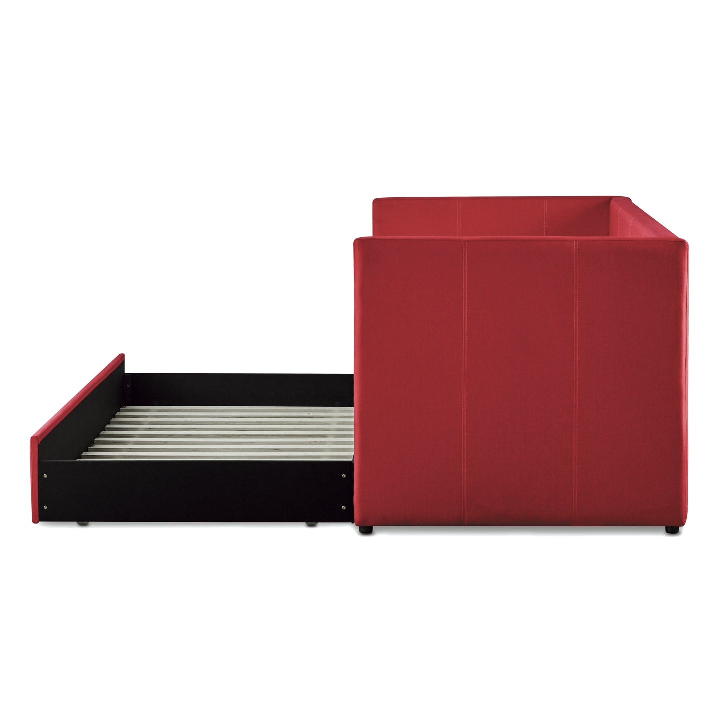 Maverick Red Fabric Upholstered Day Bed with Pull-out Trundle Nailhead Trim Wood Frame Furniture