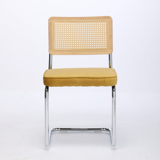 Matilda Mid-Century Modern Side Chairs with Rattan Back & Velvet Seat Set of 2 Gold
