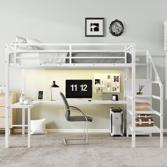 Queen Size Loft Bed with L-Shaped Desk and USB - Off White - detail view 2
