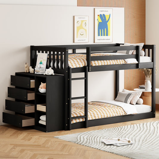 Twin over Twin Bunk Bed with 4 Drawers and 3 Shelves - Espresso - detail view 2