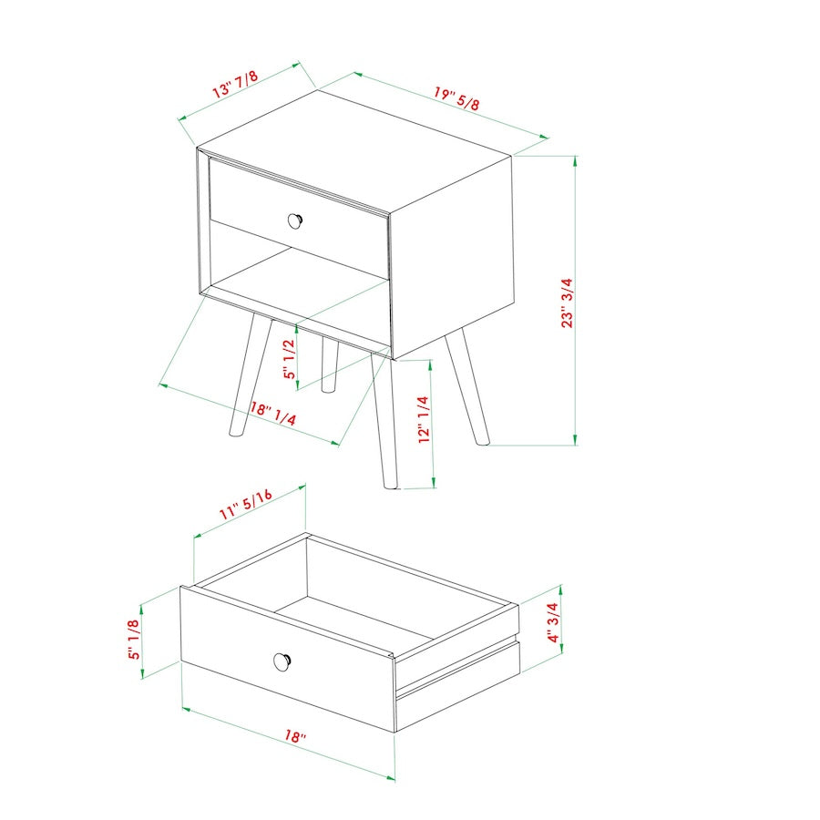 Zenova Mid-Century Modern 1-Drawer Nightstand - Natural Pine