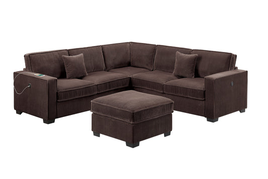 Modern Style 4pc Sectional Set Right Arm And Left Arm Loveseat USB Port Plastic Legs Cocktail Ottoman Matching Two Pillows Chocolate Finish - detail view 2