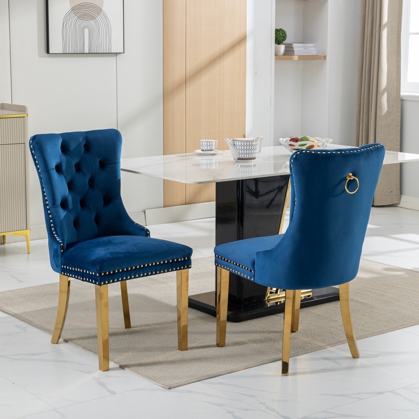 Niki Modern Velvet Side Chair with Nailhead Trim & Gold Leg Set of 2 Blue