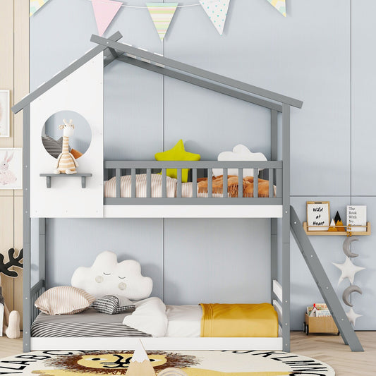 Winslow Twin Over Twin Bunk Bed Wood Bed with Roof, Window, Ladder, White & Gray