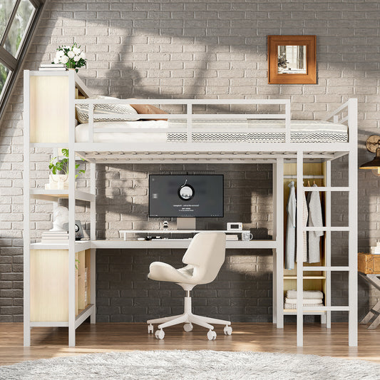 Metal Loft Bed with Wardrobe and L-Shaped Desk - White Straight Grain - detail view 2