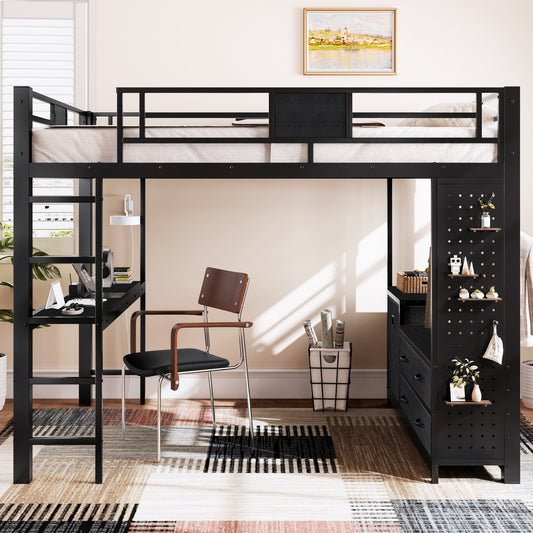 Queen Size Loft Bed with Desk & Shelves - Black - detail view 2