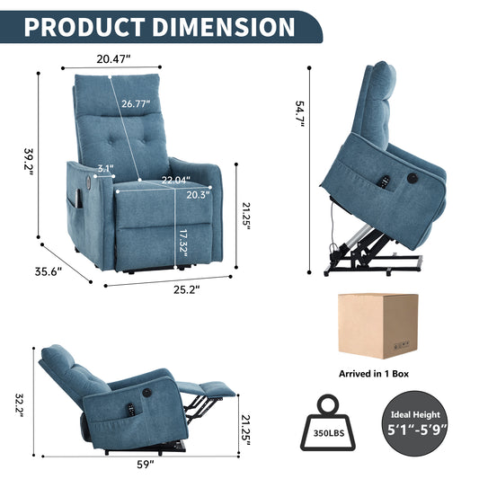 Blue Chenille Single Motor Power Lift Recliner Chair with Massage and Heat for Elderly - detail view 2