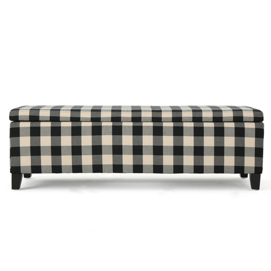 Arwen Linen Storage Ottoman with Wooden Feet, Checkered