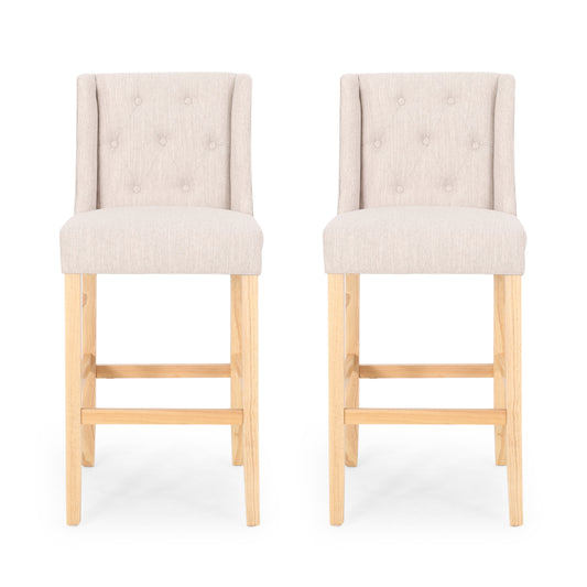 Vienna Contemporary Fabric Tufted Wingback 31 Inch Bar Stools, Set of 2, Beige and Natural