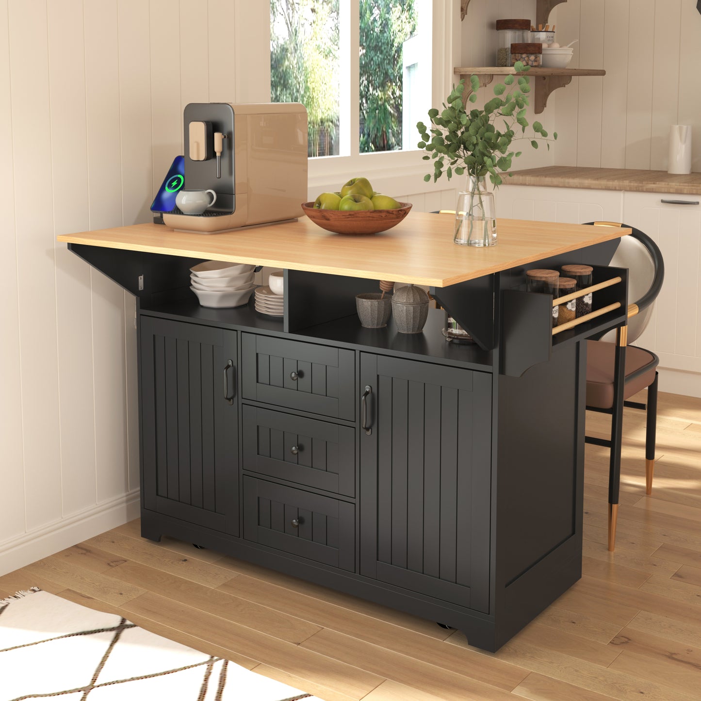 K&k 55.7'' Large Kitchen Island with 2 Drop Leaf - Black - primary color shot