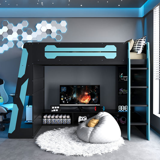 Twin Size Wood Loft Bed with Desk - Blue - detail view 2