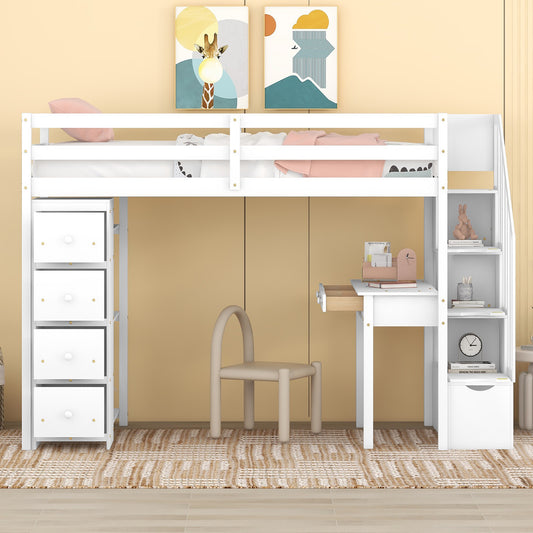 Twin Size Loft Bed with Storage Drawers - White - detail view 2