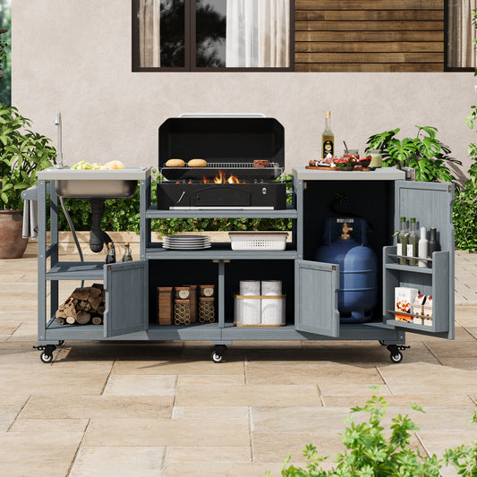 K&k 75.4' Outdoor Kitchen Island with Sink - Grey & Blue - detail view 2