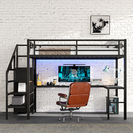 Full Size Loft Bed with L-Shaped Desk and USB - Black - detail view 2