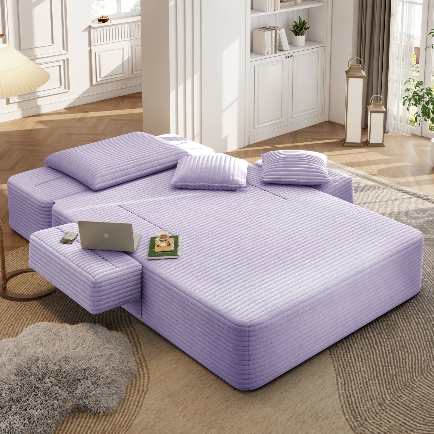 Luxurious Plush Corduroy Chaise Lounge with 3 Pillows - Purple - detail view 8