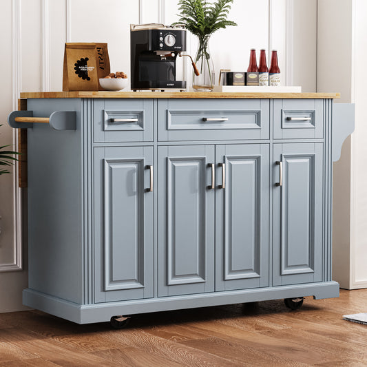 K&k 54" Large Kitchen Island with Rubber Wood Drop Leaf - Grey & Blue - detail view 2
