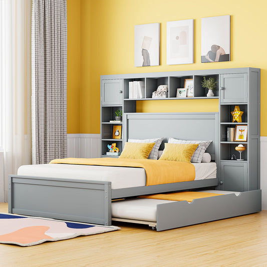 Ambrose Full Size Wooden Bed With All-in-One Cabinet, Gray