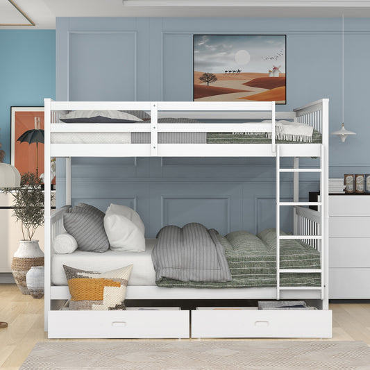 Full-Over-Full Bunk Bed with Ladders and Two Storage Drawers White