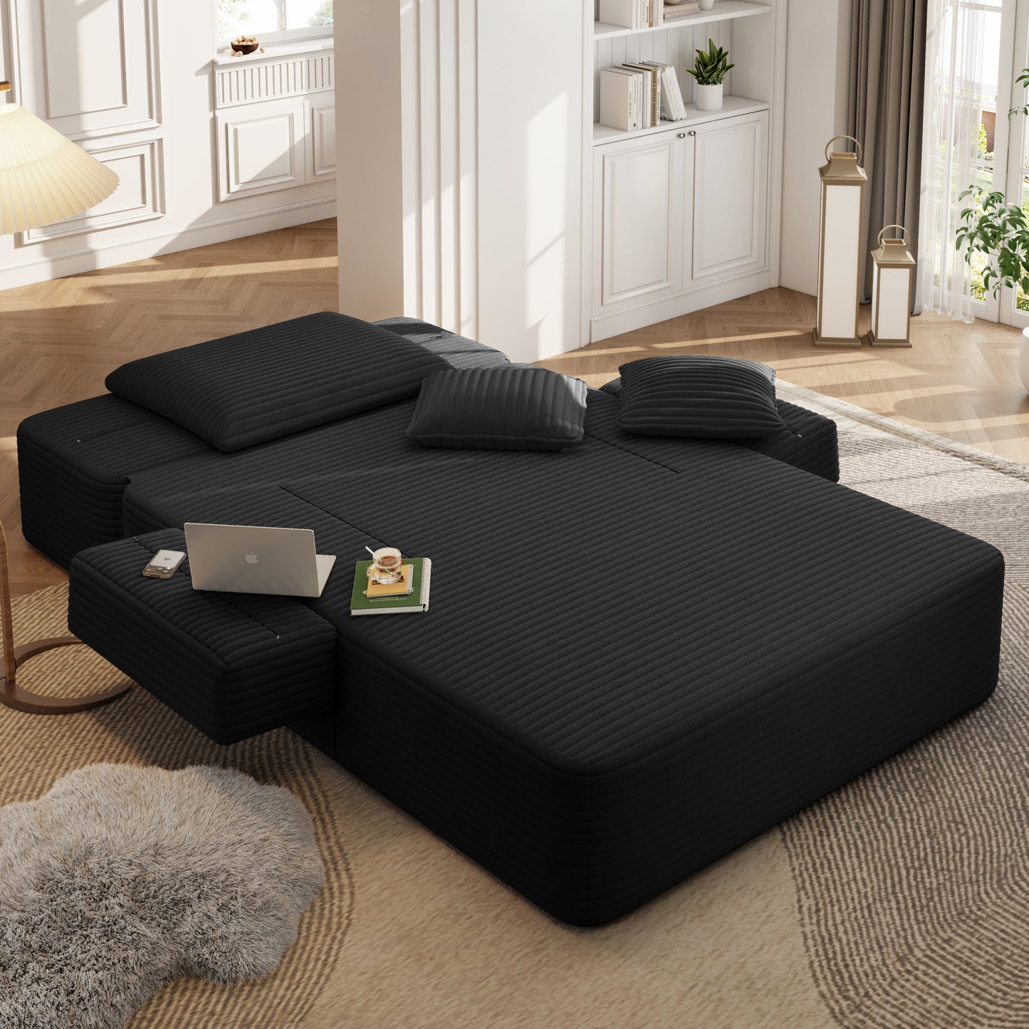 Luxurious Plush Corduroy Chaise Lounge with 3 Pillows - Black - detail view 8