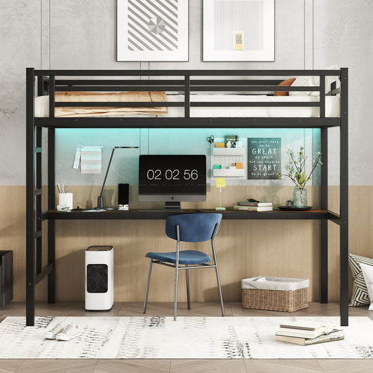 Metal Twin XL Size Loft Bed with Power Outlet and LED Lighted - Black - detail view 2