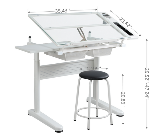 Malachai Hand Crank Adjustable Drafting Desk with Stool, White