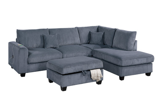 Modern Style 3pc Sectional Set USB Port Storage Ottoman Right Arm Chaise Left Arm Sofa Dark Gray Finish Primary Living Room - detail view 2