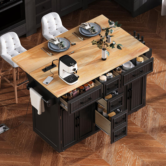 K&k 56.5'' Kitchen Island with Drop Leaf - Black - detail view 2