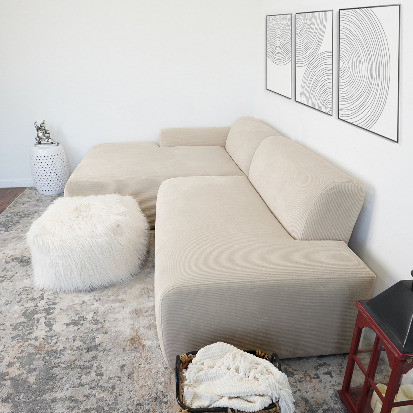 Mar Sectional Cream Corduroy Sofa Left Facing Velvet High-Quality Fabric 101.60x65.00x27.60 inches - detail view 8