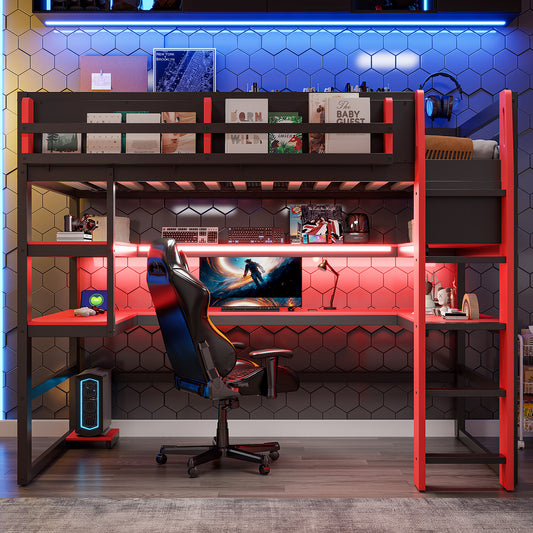 Twin Size Wood Loft Bed with Desk - Red - detail view 2
