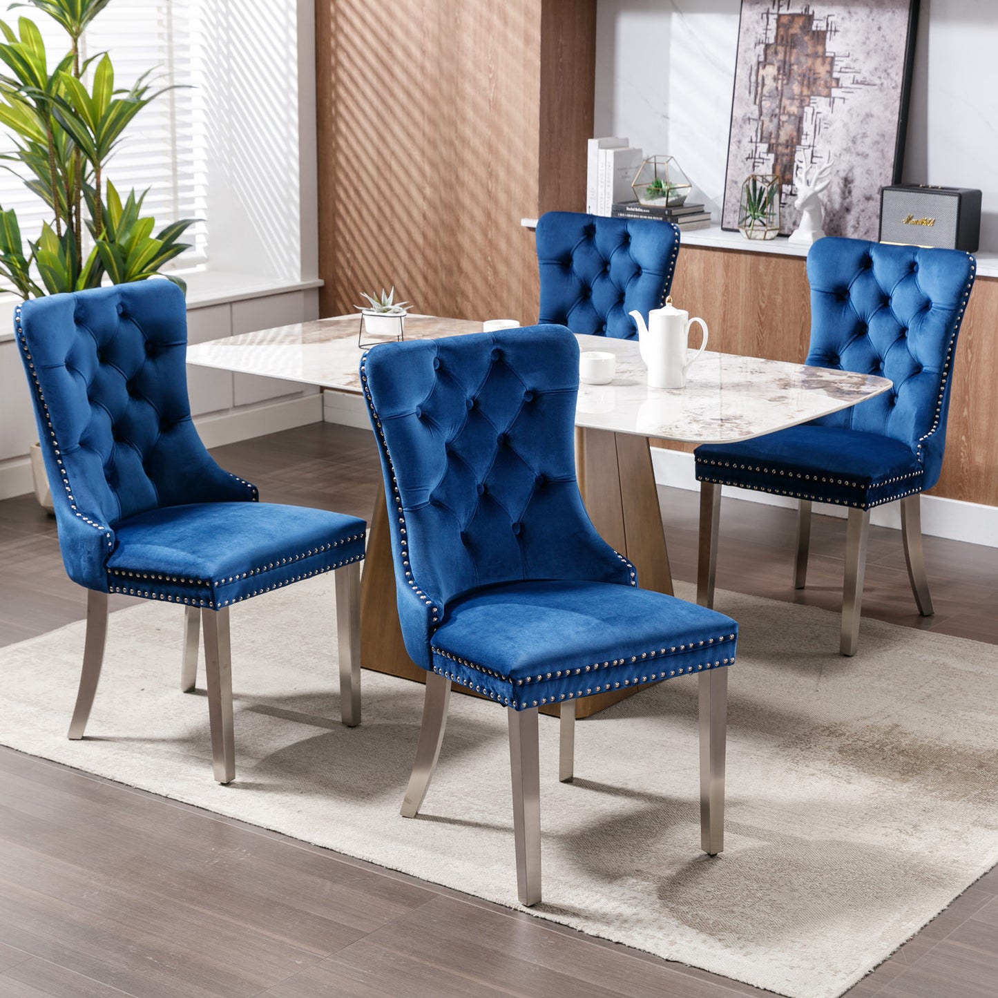 Nikki Collection Modern Velvet Tufted Side Chairs with Nailhead Trim Set of 2 , Blue