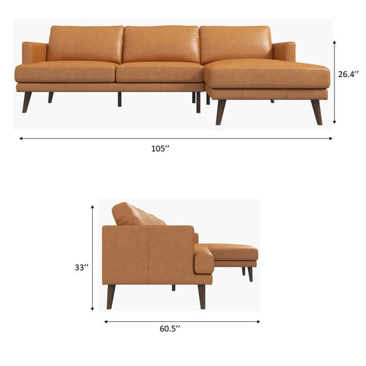 Lore L-Shaped Genuine Leather Sectional In Tan Left Facing - detail view 2