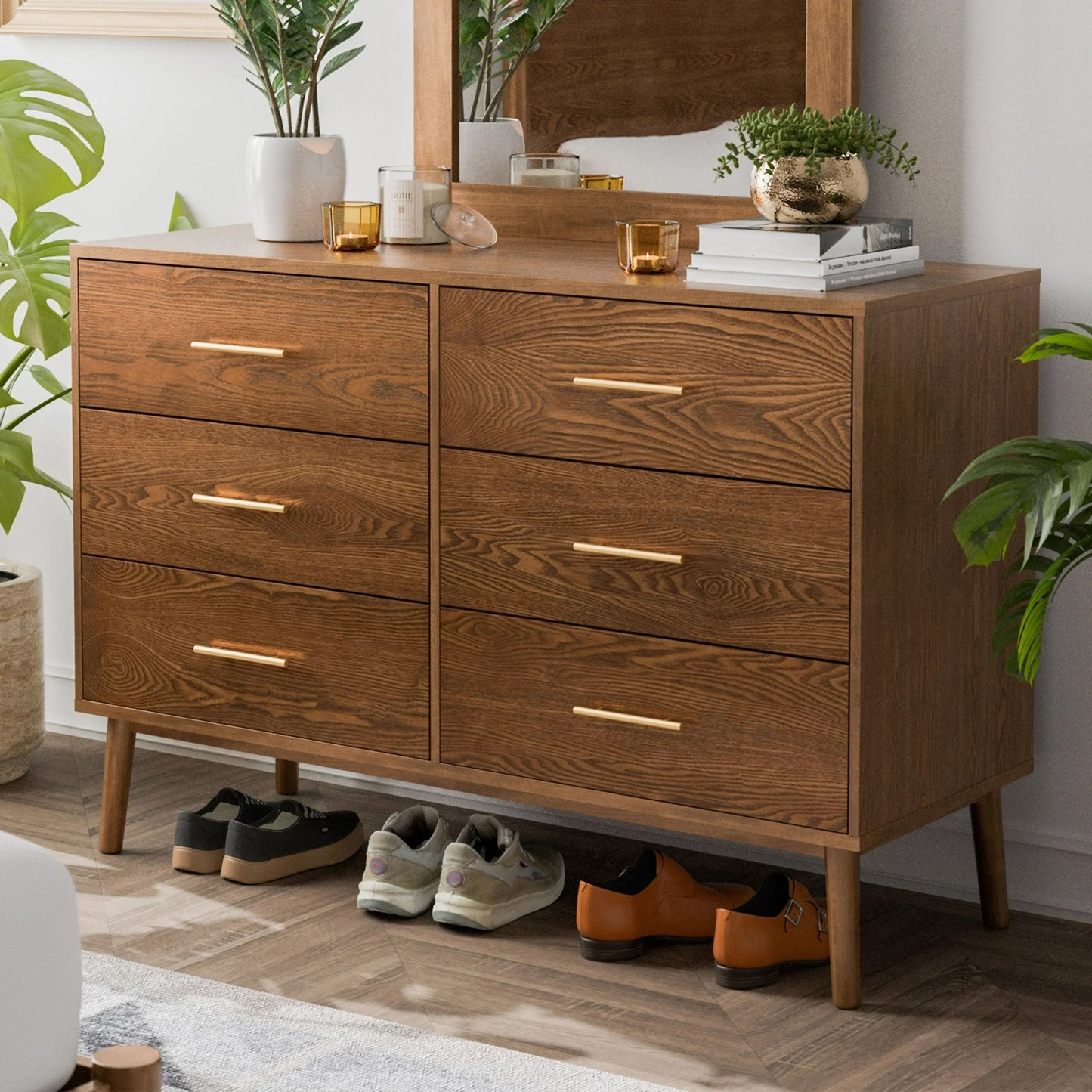 Thusis Queen Bed - Mid-Century Modern Walnut/Beige Bouclé