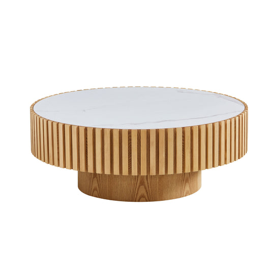 35.43'' Nesting Round Sintered Stone Tabletop Modern Drum Coffee Table Luxury Circle Coffee Table - Oak - detail view 2